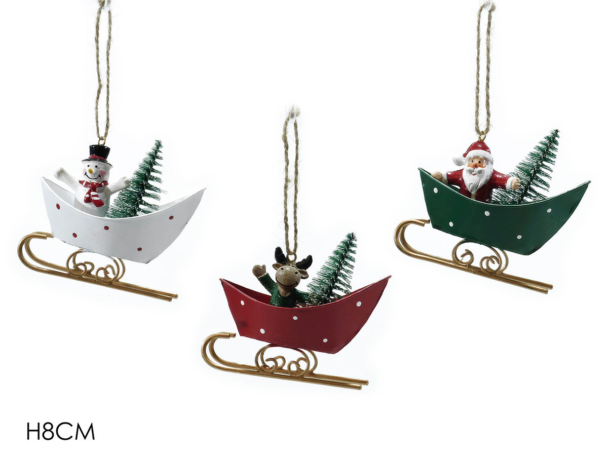 G.Natale Appendino Slitta C/Personaggio Natale H8Cm 3Ass