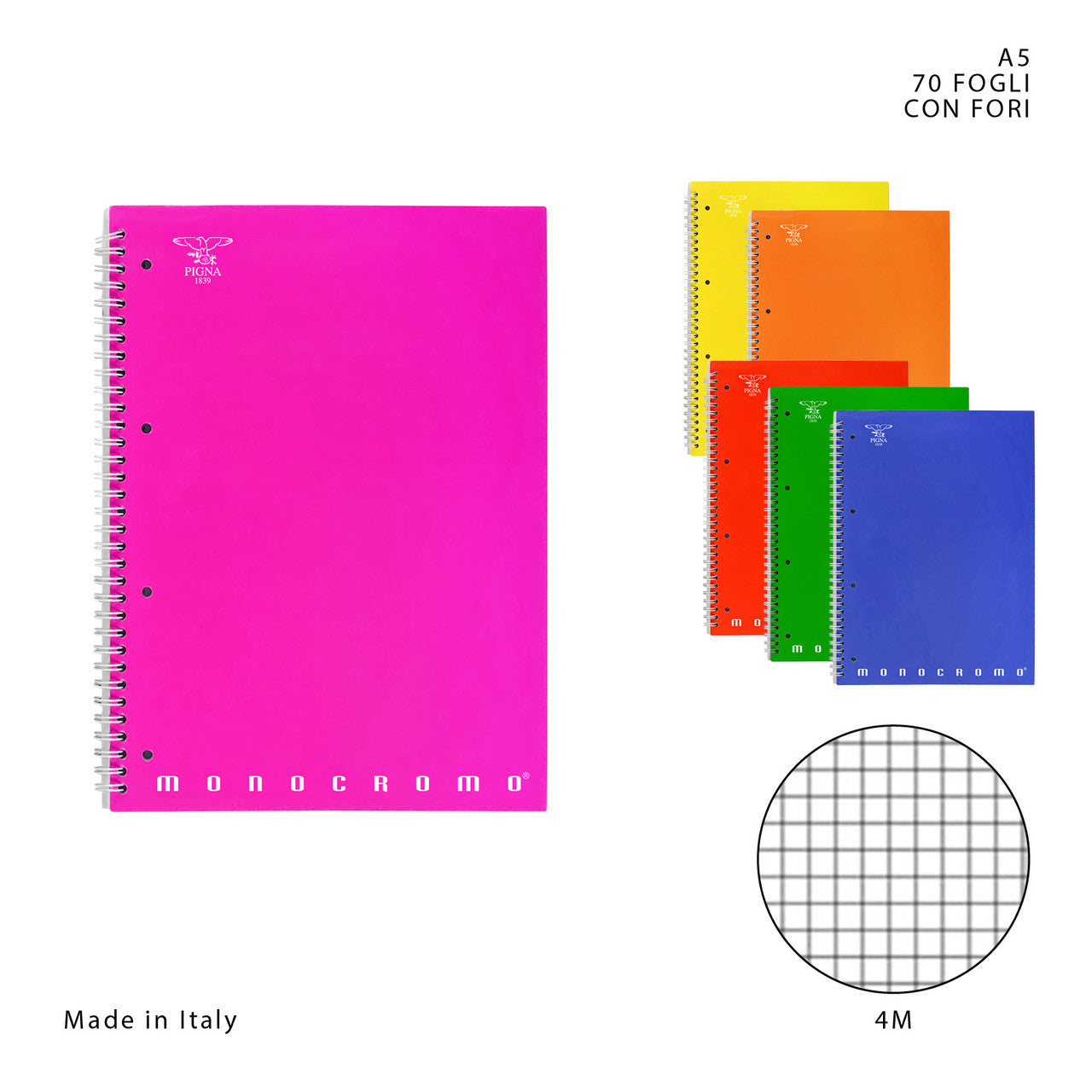 Pigna - Quaderno Spirale Monocromo C/Fori A5 70FF 4M