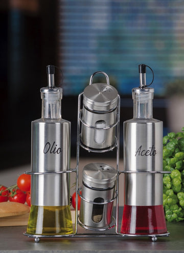 Ad - Menage Vetro Acciaio Olio/Aceto/Sale/Pepe 21X8Xh24Cm