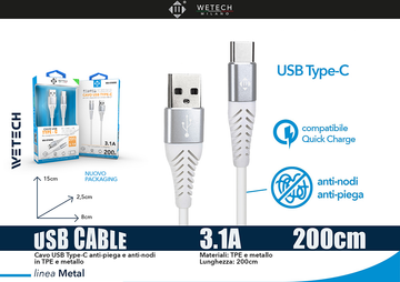 Wetech Cavo Usb-C Antipiega E Antinodi 3.0A 2M