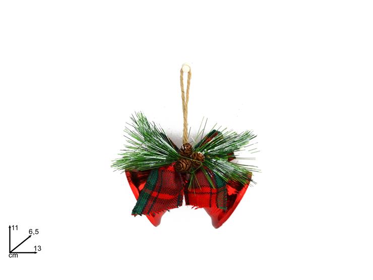 Christmas Campane C/Fiocco Scozzese Rametto E Pigna Rosso