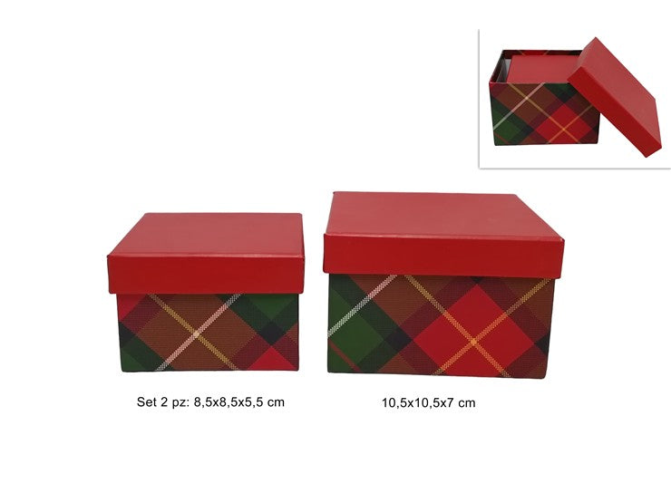 Christmas Scatole Quadrate Set 2 Pezzi Decoro Scozzese Tf2/D
