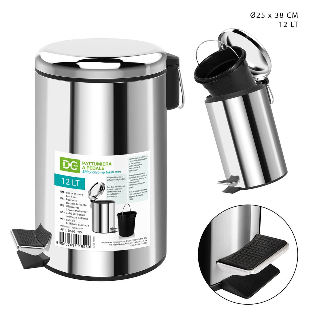 Dc - Pattumiera con Pedale Cromata 12L 25X38Cm