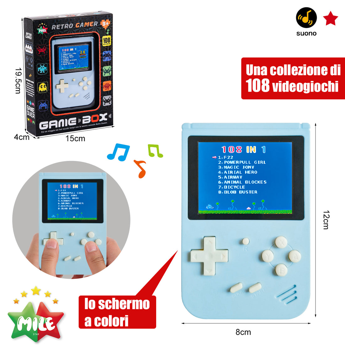 Mile Console Da Gioco-Blu(2.8 Pollici, 108 Gioc